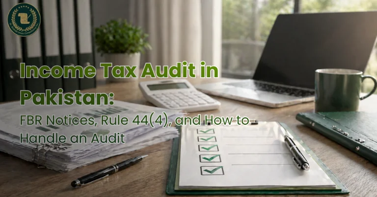 Income Tax Audit in Pakistan Neatly arranged financial papers and checklist with checkmarks on a clean office desk with soft lighting