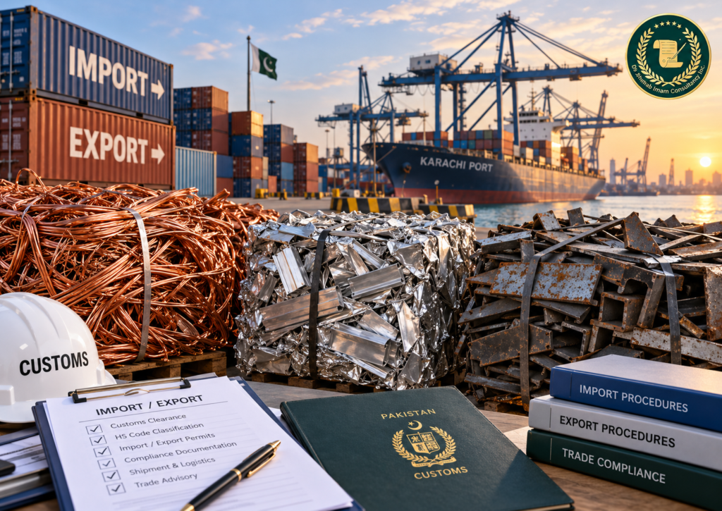 Copper, aluminium, and steel scrap at Karachi Port, Pakistan, showing metal scrap import and export operations, customs clearance, and DSI Consultancy branding.