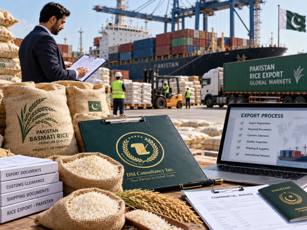 Pakistani rice exporter reviewing customs documents at Karachi Port, with basmati rice bags, shipping containers, and DSI Consultancy branding.